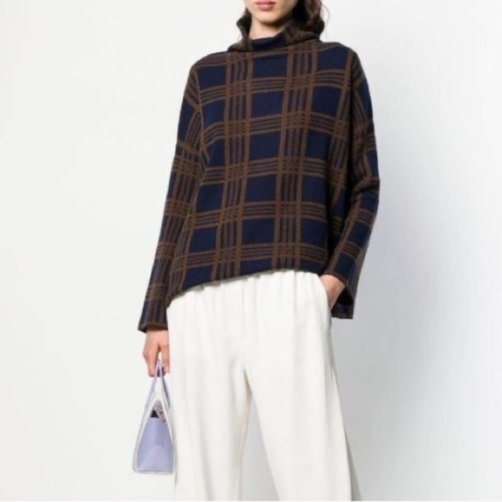 Vince Navy and Brown Plaid Funnel Neck Sweater